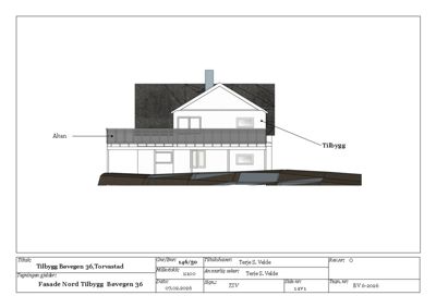 Fasadetegning som viser bygningens utseende sett fra nord, med merking av 'Altan' og 'Tilbygg'.