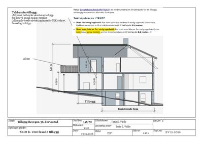 Snittegning (Snitt B-vest) som viser tverrsnittet av en eksisterende bygning og et tilbygg, inkludert høyder, romfordeling og takhøyder.