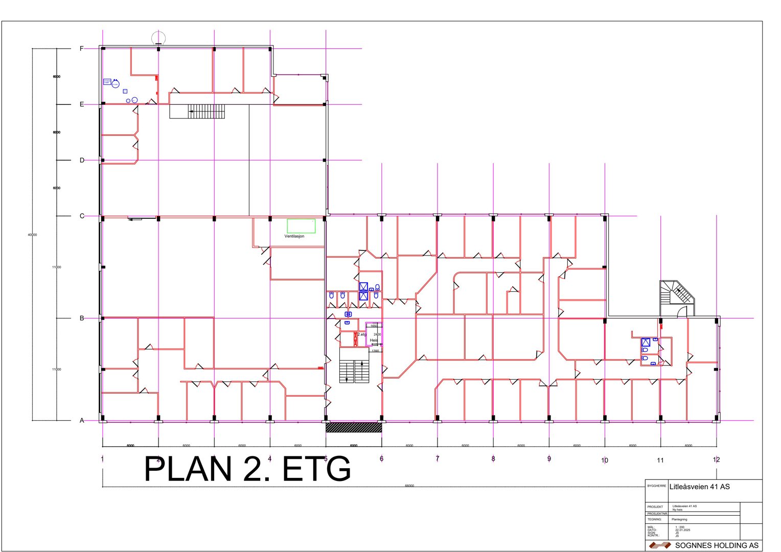 Etasjeplan (2. etasje) som viser romfordeling, vegger, dører og trapp på en bygning.