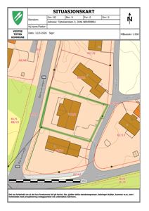 Situasjonskart som viser eiendomsgrenser, bygninger og veier i Bøverbru.