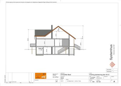 Snittegning (Snitt A) som viser tverrsnittet av en bolig med høydeangivelser.