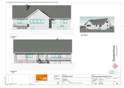 Bildet viser fasadetegninger for en bygning, inkludert et 3D-utsnitt og to fasadeopprikk (Fasade 1 og Fasade 2).