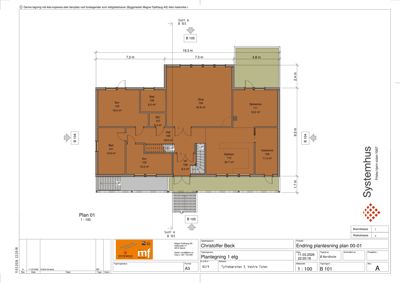 Etasjeplan (Plan 01) som viser romfordeling, arealer og veggtykkelse for en bolig.