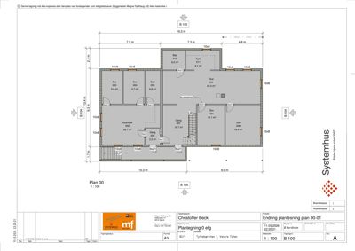 Etasjeplan (Plan 00) som viser romfordeling, mål og funksjoner for et plan i en bolig.