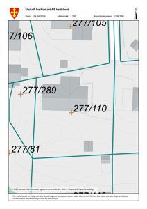 Situasjonsplan eller kartutsnitt som viser eiendomsgrenser (277/289, 277/110 etc.), topografi og nabolag.