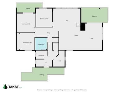Etasjeplan som viser romfordeling i en bolig, inkludert stue, soverom, kjøkken og bad.