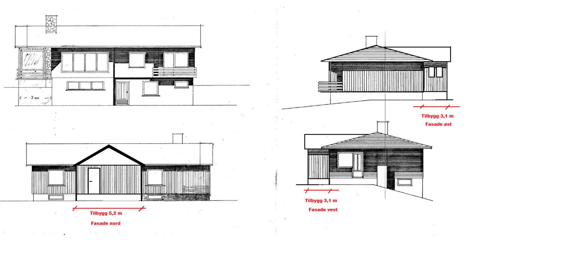 Bildet viser fasadetegninger av en bolig, inkludert utsnitt av fasaden sett fra nord, øst og vest.