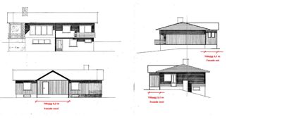 Bildet viser fasadetegninger av en bolig, inkludert utsnitt av fasaden sett fra nord, øst og vest.