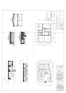 Bildet viser et arkitekttegnet etasjeplan (floor plan) med romfordeling, dører, vinduer og mål. Til venstre er det også tegnet fasadeoppvisninger.