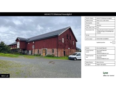 Fotografi av en rød skurbygning med en hvit bil foran. Bildet viser en eksisterende bygning.