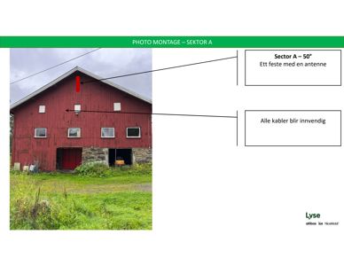 Et fotografi av en rød bygning med tekniske merknader og pil som peker på spesifikke deler av fasaden.