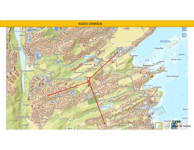 Kart som viser et radioområde med antenneplassering og dekkningslinjer.