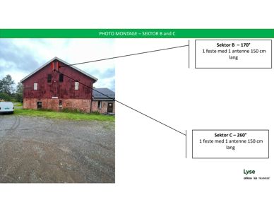 Et fotografi av en rød bygning med tekniske notasjoner og linjer som peker på spesifikke områder på taket.