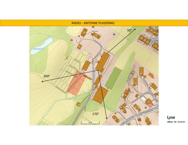 Kart som viser antenneplasing med retninger og avstander i et nabolag.