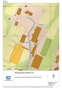 Situasjonskart som viser plassering av eiendom, bygninger og sektorer i forhold til omgivelsene.