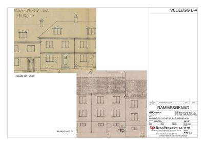 Fasadetegning som viser bygningens utsyn mot vest og øst, inkludert situasjonsplan for øst og vest.