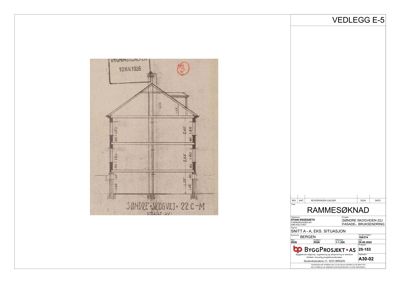 Fasadetegning (opprikk) av bygningen på Søndre Skogveien 22 C-M, med mål og detaljer for fasade og bruksendring.