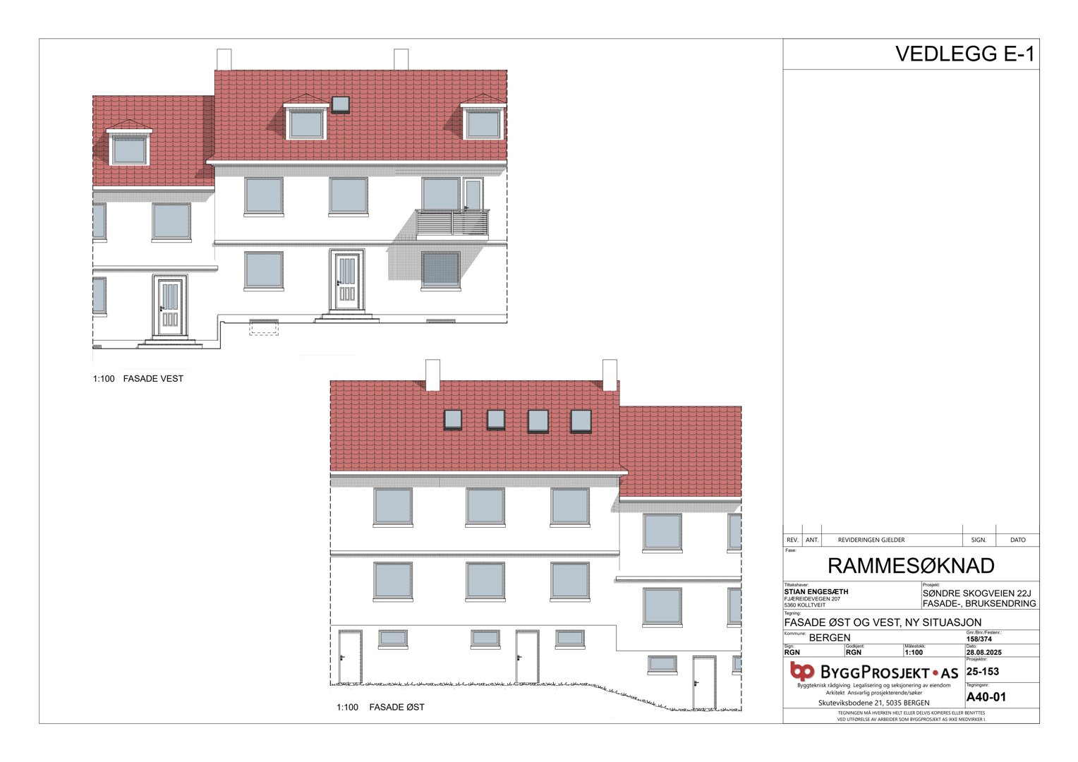 Fasadetegning som viser bygningens utseende fra øst og vest.