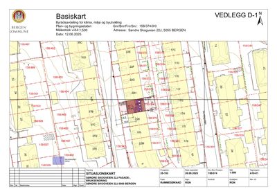Situasjonskart som viser eiendomsinndeling, bygningers plassering og arealer for Søndre Skogveien 22J i Bergen.
