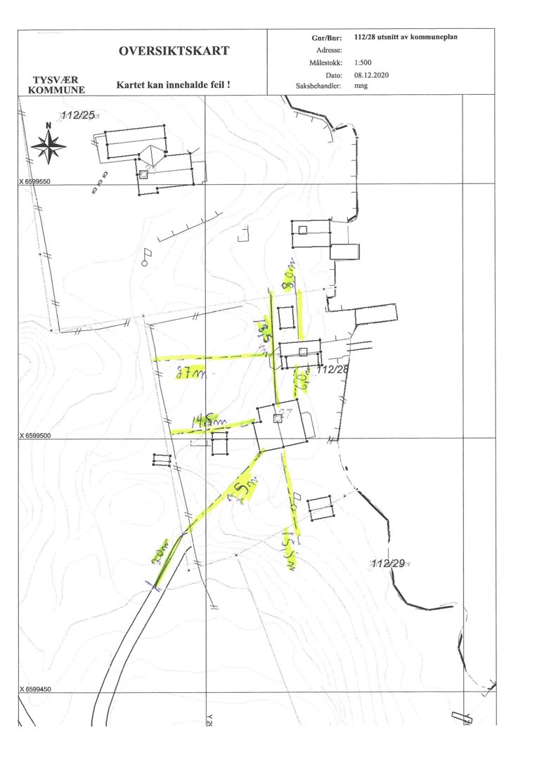 Oversiktskart (situasjonsplan) som viser tomtens beliggenhet, grenser, høydeforskjeller og plassering av bygninger.
