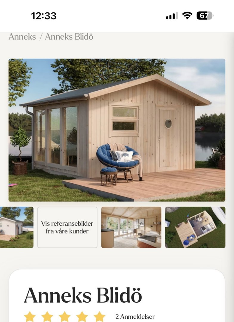 3D-visualisering av et Anneks Blidø med utsikt over vann og trær.