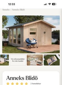 3D-visualisering av et Anneks Blidø med utsikt over vann og trær.