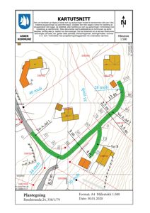 Situasjonsplan (kartsnitt) som viser eiendomsgrenser, høydeforhold (moh), veier og naboeiendommer.