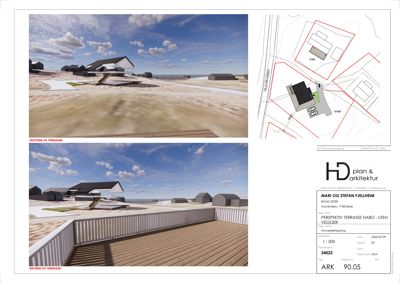 Fotografier av en terrasse med utsikt over havet, vist fra vest- og østsiden.