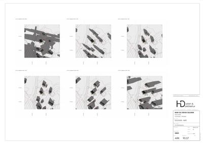 Situasjonsplaner som viser bygningers plassering i forhold til terrengform (konturlinjer) og solforhold (skygger).