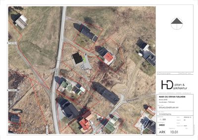Situasjonsplan som viser eiendomsinndeling, bygninger og veier i området.