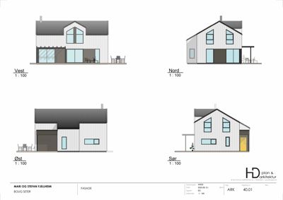 Fasadetegning som viser bygningens utseende fra alle fire sider (Vest, Nord, Øst, Sør) med detaljer om vinduer, dører og materialer.