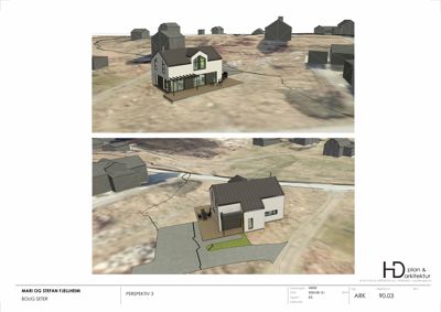 3D-visualisering (rendering) av en bolig sett fra to ulike perspektiver i situasjon.