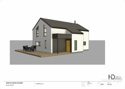 3D-visualisering (perspektivtegning) av en planlagt bolig med fasade, tak og uteplass.