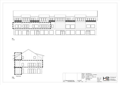Fasadetegning som viser bygningens utseende fra front og side, med vinduer, dører og takform tydelig markert.