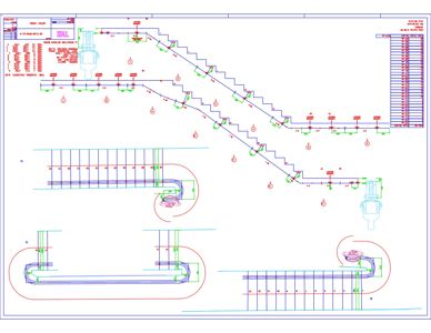 Tegning som viser detaljert oppriss av en trapp med mål, konstruksjonsdetaljer og festepunkter.