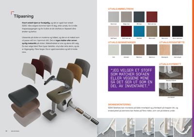 Fotografi som viser en opprisset stol (S200) i ulike farger og materialer, samt detaljer på fotbrett og skinnemontasje.