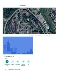 Google Maps kartutsnitt som viser Olsvikåsen 5 med omgivende infrastruktur og nabolag.