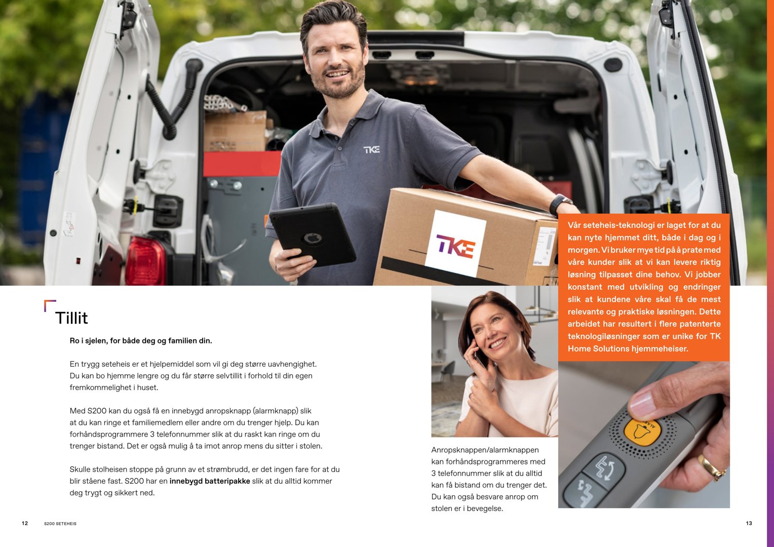 Fotografi av en mann som holder en boks og en tablet, samt en kvinne som snakker på telefon og et nærbilde av en knapp. Bildet illustrerer produkter for hjemmehjelp.