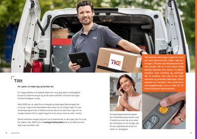 Fotografi av en mann som holder en boks og en tablet, samt en kvinne som snakker på telefon og et nærbilde av en knapp. Bildet illustrerer produkter for hjemmehjelp.