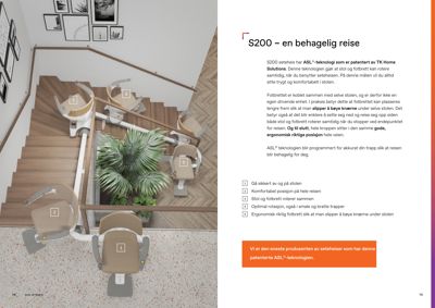 Fotografi av en seteheis (stigeheis) som er installert på en trapp, med nummererte punkter som peker på ulike funksjoner.