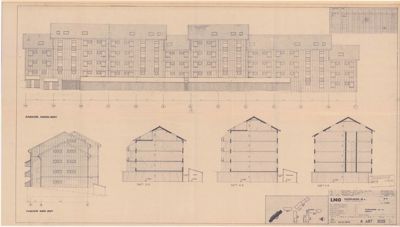 Fasadetegning med oppriss av bygning sett utenfra, inkludert snitt og detaljer