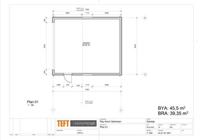 Etasjeplan (Plan 01) for en garasje med romfordeling, dimensjoner og arealopplysninger.