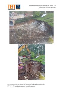 Fotografier av utgravet grunn for eiendom gnr. 18 bnr. 238, inkludert graving med gravemaskin og synlig grunnforhold.