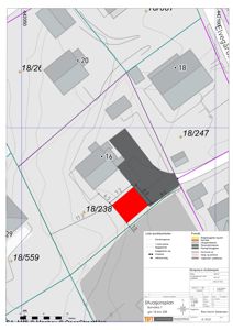 Situasjonsplan som viser tomtens plassering i forhold til nabolag, eiendomsgrenser og vegsystem.