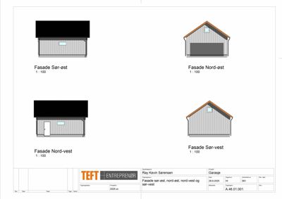 Tegning som viser fasadeoppsett for en garasje sett fra fire ulike retninger (Sør-øst, Nord-øst, Nord-vest og Sør-vest).
