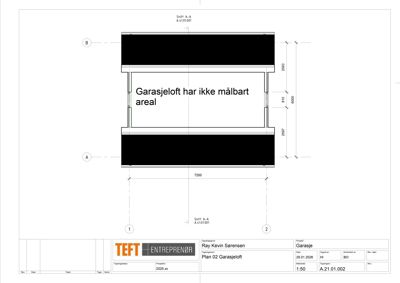 Snittegning (Snitt A-A) av en garasje med angitte mål og en teknisk notat om areal.