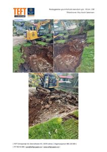 Fotodokumentasjon av graving og fjerning av steinblokker på eiendom.