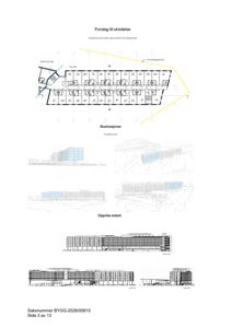 Bildet viser en samling tegninger som inkluderer et etasjeplan for utvidelse av et hotell, samt illustrasjoner (renderinger) og oppriss (snitt) av bygningens fasade og volum.