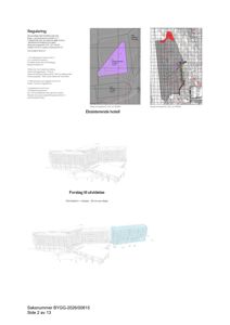 Side fra en byggesak som viser reguleringsplaner (situasjonsplaner) for tomt og bygning, samt 3D-visualiseringer av eksisterende og forslag til utvidelse av hotell.