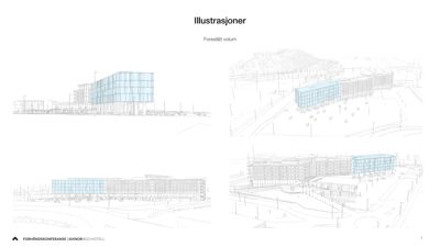 Illustrasjoner av et forslag til byggeprosjekt (Avinor Business Hotel) med ulike vinkler og perspektiver.